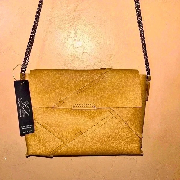 FALOR Genuine Tan Italian Leather Geometric Stitch Crossbody Clutch - Picture 2 of 7